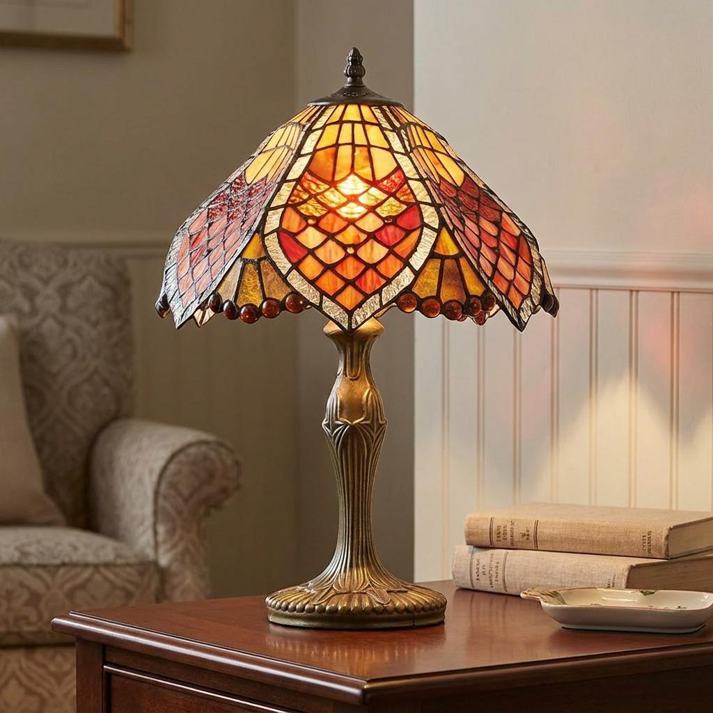 Orsino Tiffany table lamp with a vibrant orange stained glass shade on a bronze base, illuminated in a cozy living room.
