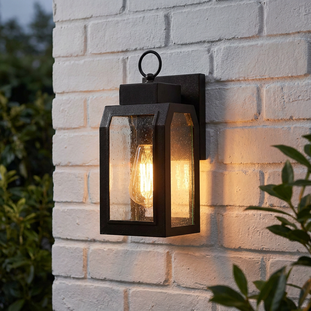 Black lantern-style wall light with textured glass and a glowing bulb mounted on a white brick wall.