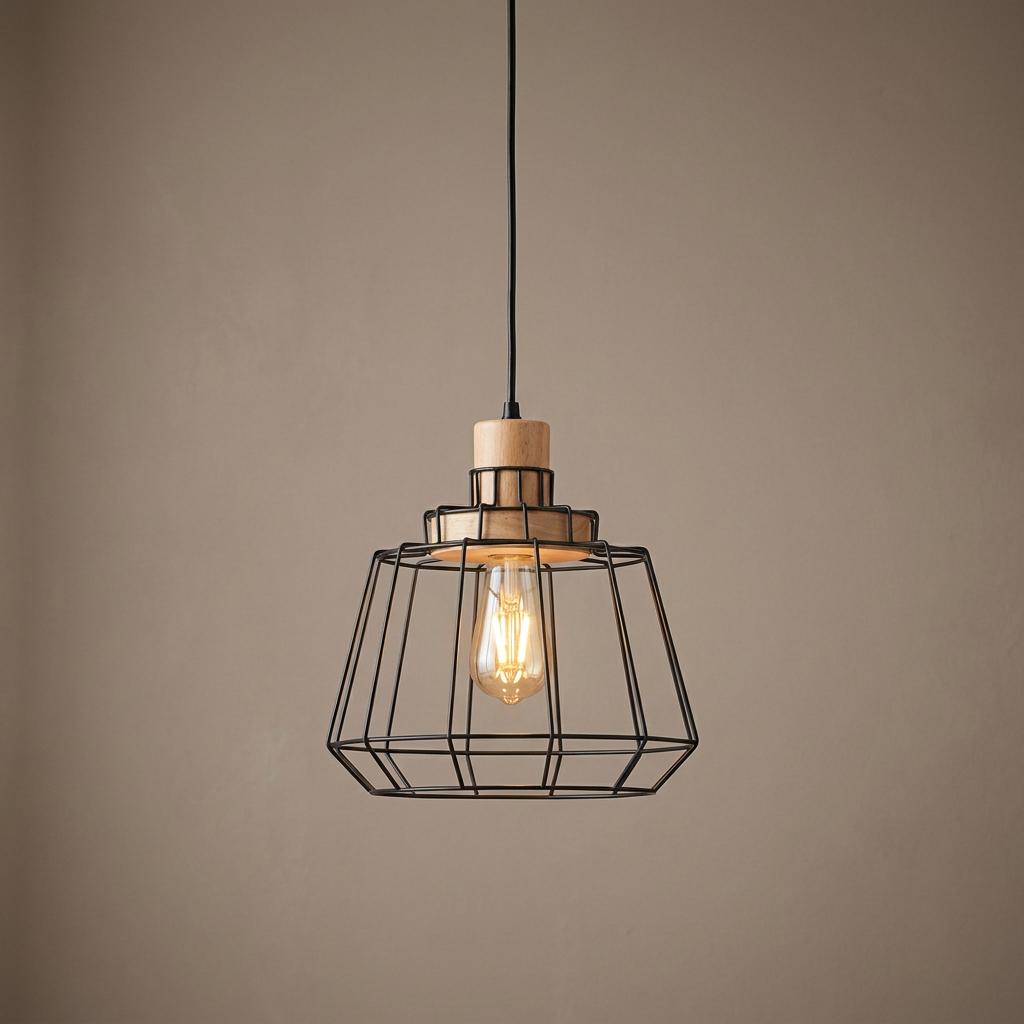 Black wire cage pendant ceiling light with a natural wood top and exposed filament bulb against a brown wall.