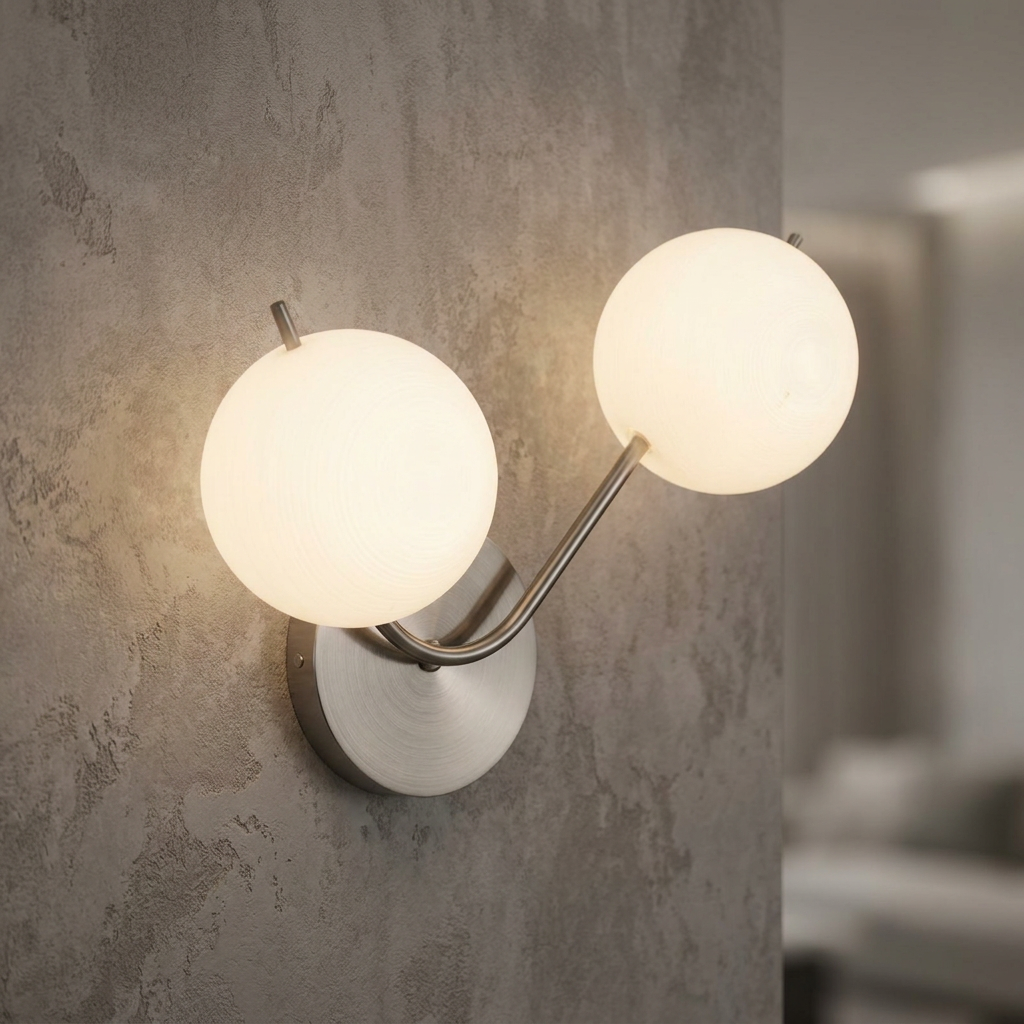 Modern two-light wall sconce with white globe shades and antique chrome hardware on a textured wall.