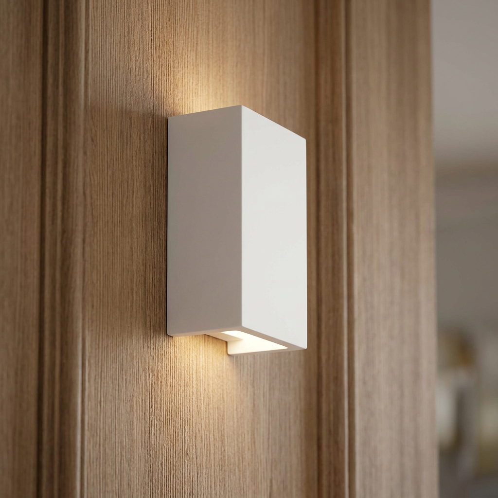 Minimalist white rectangular wall light on a wood panel, emitting warm light from its top and bottom openings.