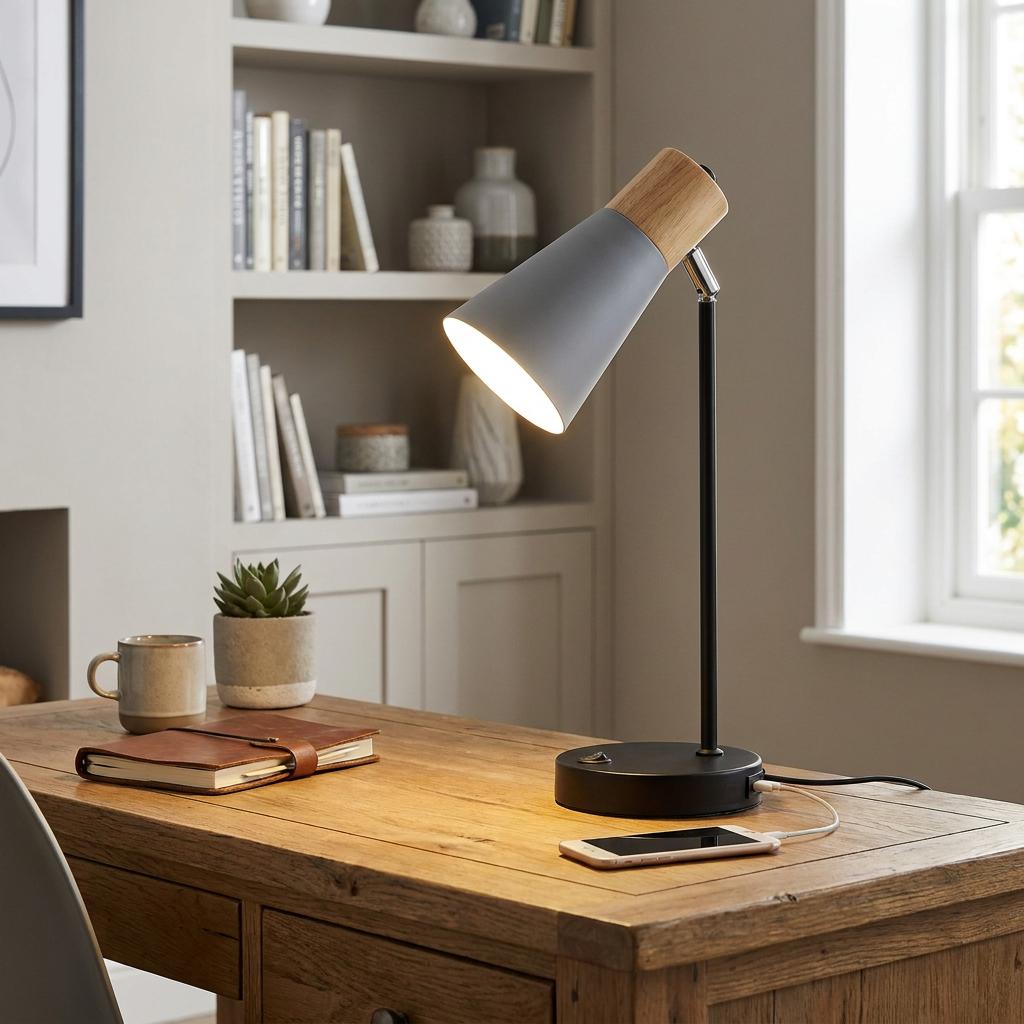 A grey and wood table lamp illuminating a wooden desk with a charging phone in a cozy home office setting.