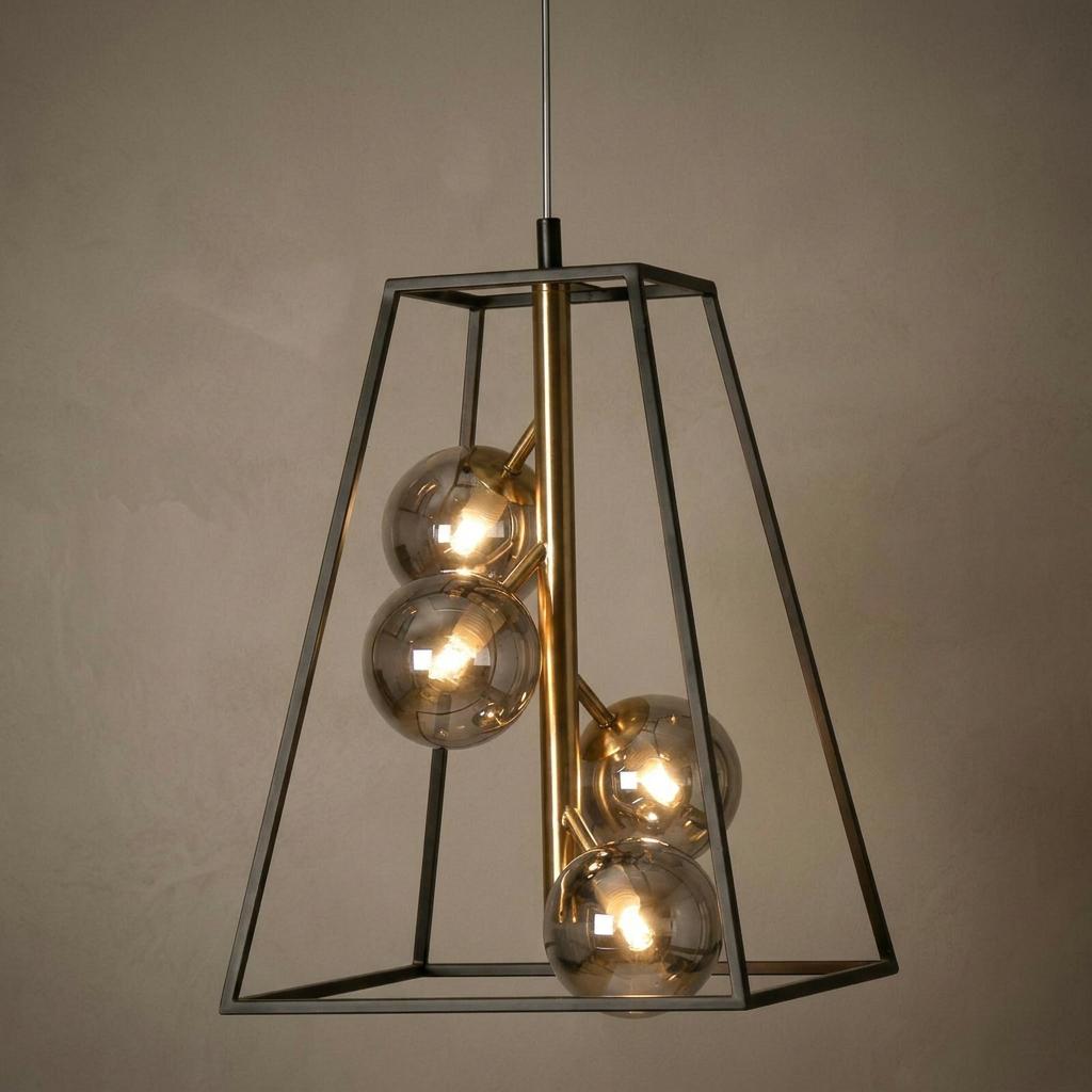 Modern 4-light pendant with a black trapezoid frame, gold central stem, and glowing smoke glass globes.