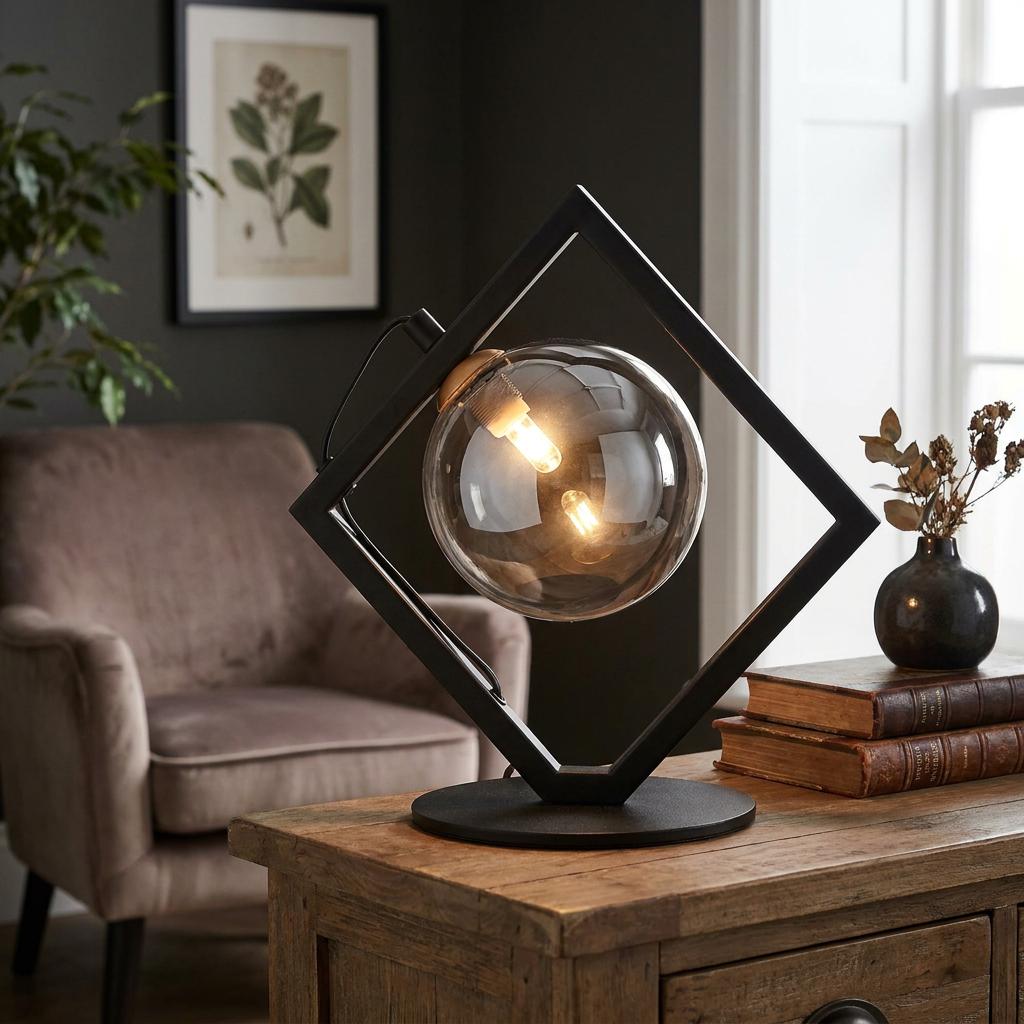 Modern table lamp featuring a black diamond-shaped frame and a glowing smoked glass sphere on a wooden table.