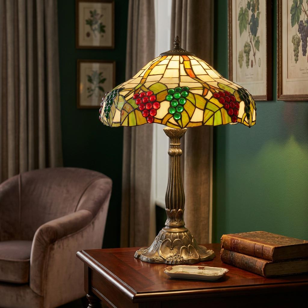 Tiffany style table lamp with a grape vine stained glass shade on an ornate bronze base in a study setting.