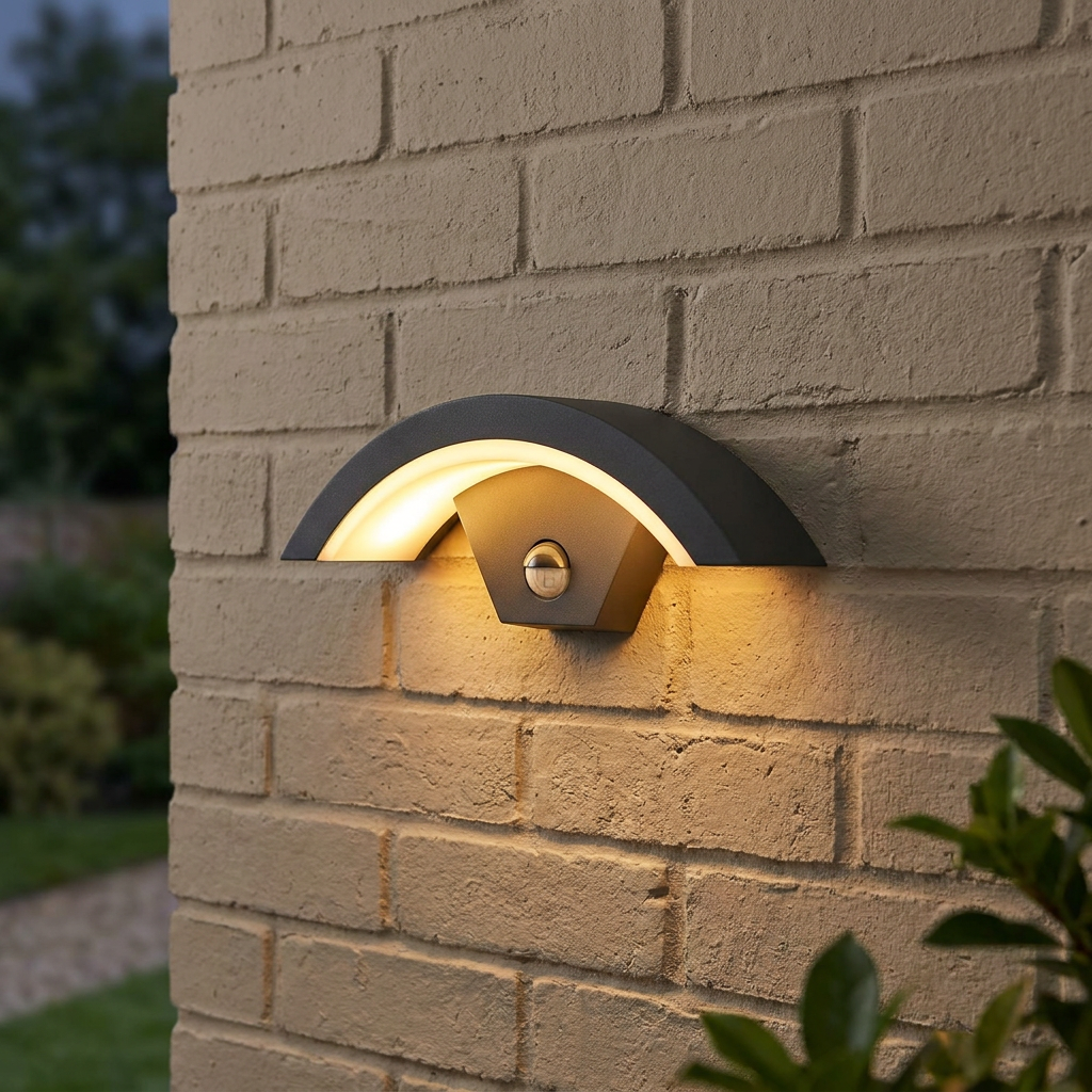 Dark grey arched LED wall light with PIR sensor illuminating a brick wall with warm light.