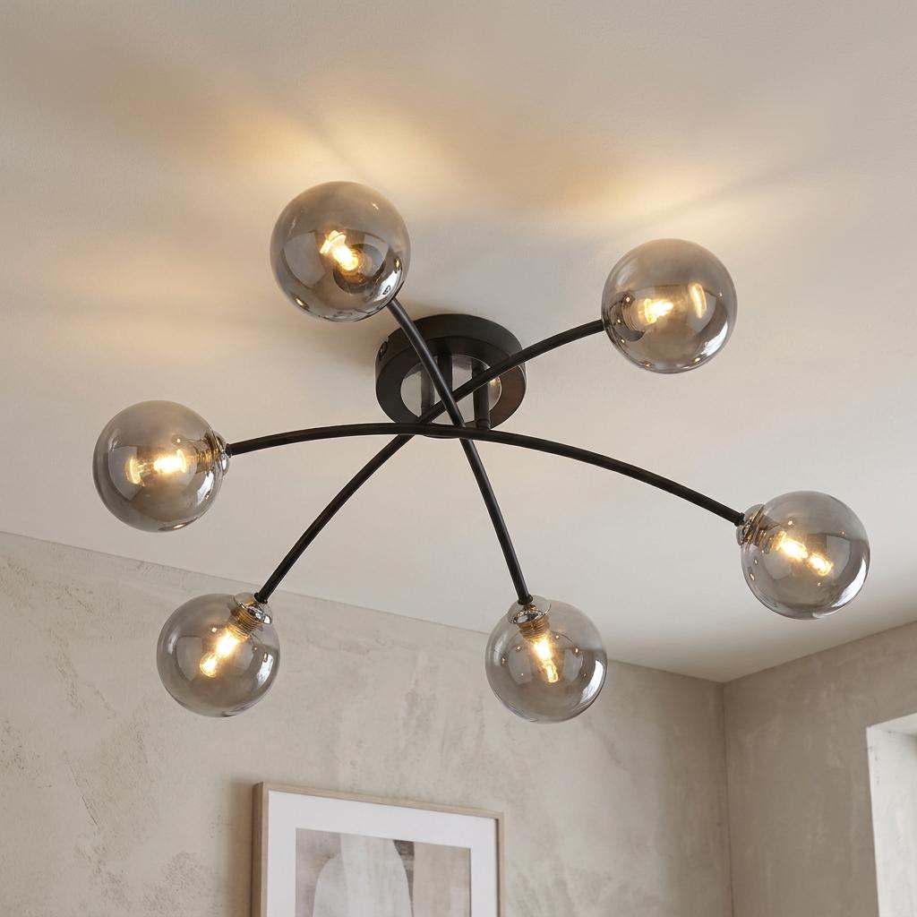 Oaks Marne 6-light semi-flush ceiling light with black curved arms and smoked glass globes on a white ceiling.