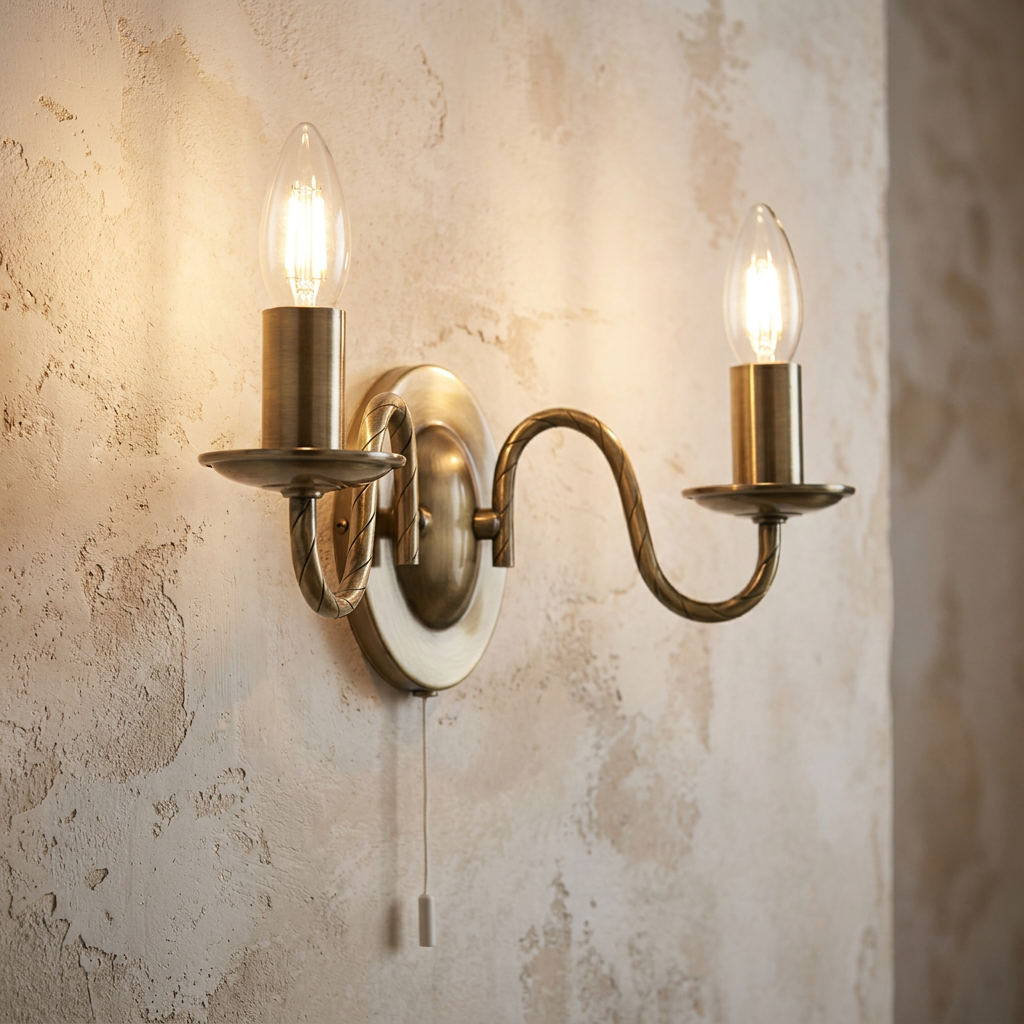Oaks Nadoor 2-light antique brass wall sconce with twisted arms and lit candle bulbs on a textured wall.