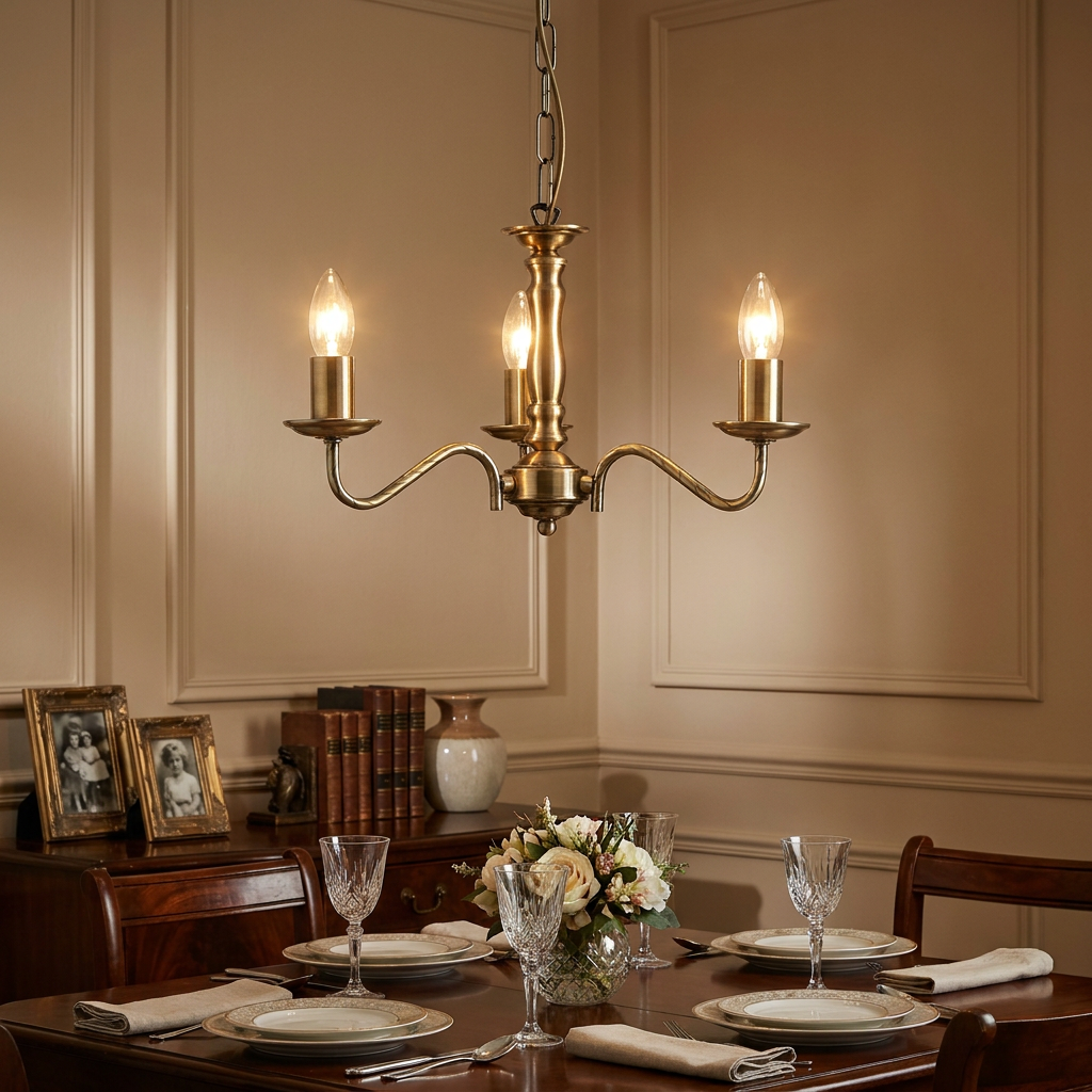 An antique brass 3-light chandelier illuminates a formally set dining table in a room with traditional wall molding.