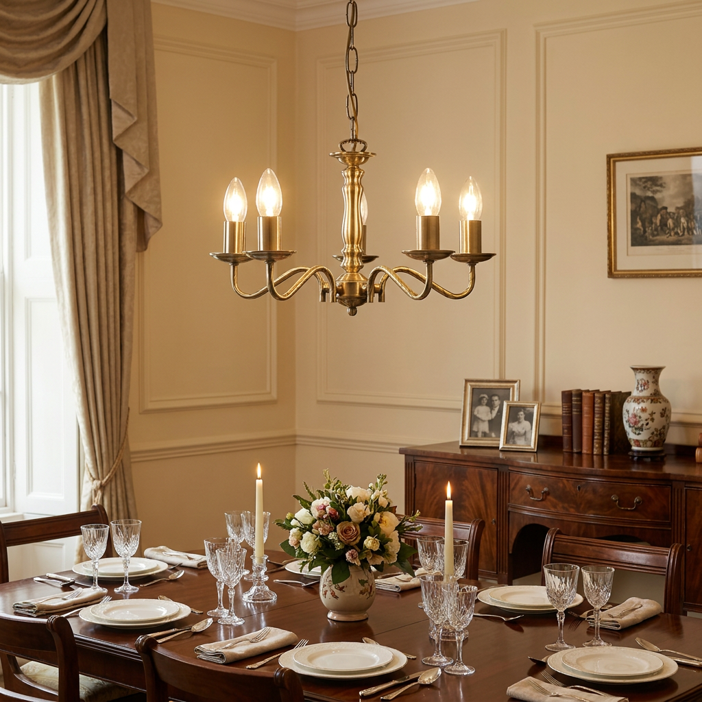 An antique brass 5-light chandelier hanging over an elegant formal dining table set with crystal glasses and flowers.