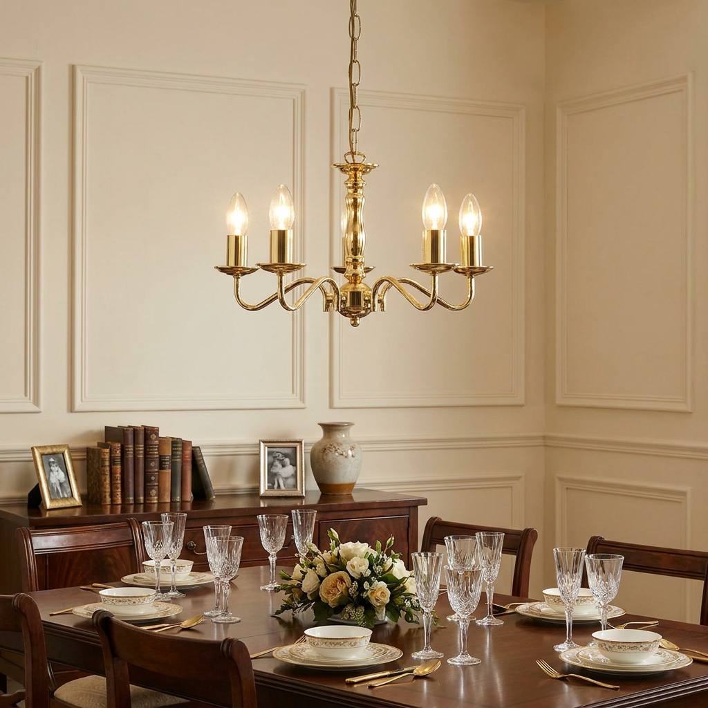 Elegant five-light gold chandelier illuminating a formally set wooden dining table in a classic paneled room.