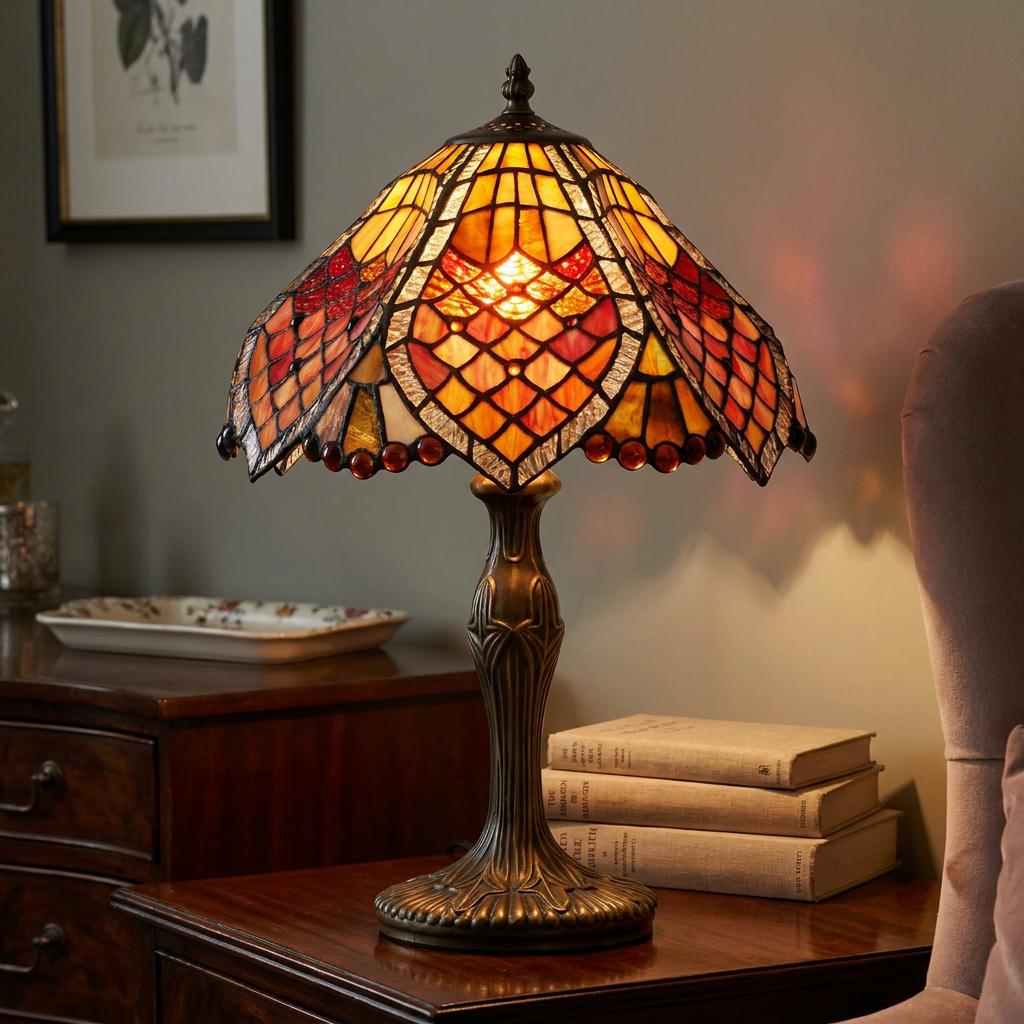 Tiffany table lamp with an orange and red stained glass shade on a wooden cabinet next to books.