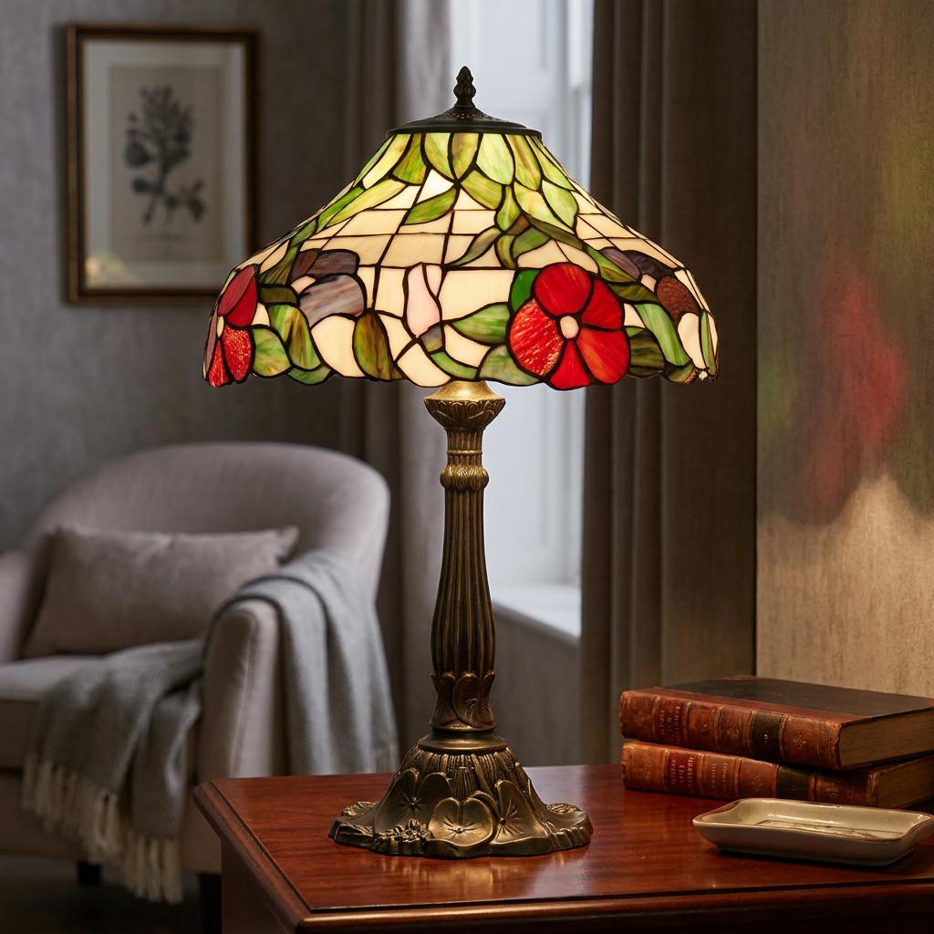 Oaks Peonies Tiffany lamp with red floral stained glass shade and ornate bronze base on a wooden table.