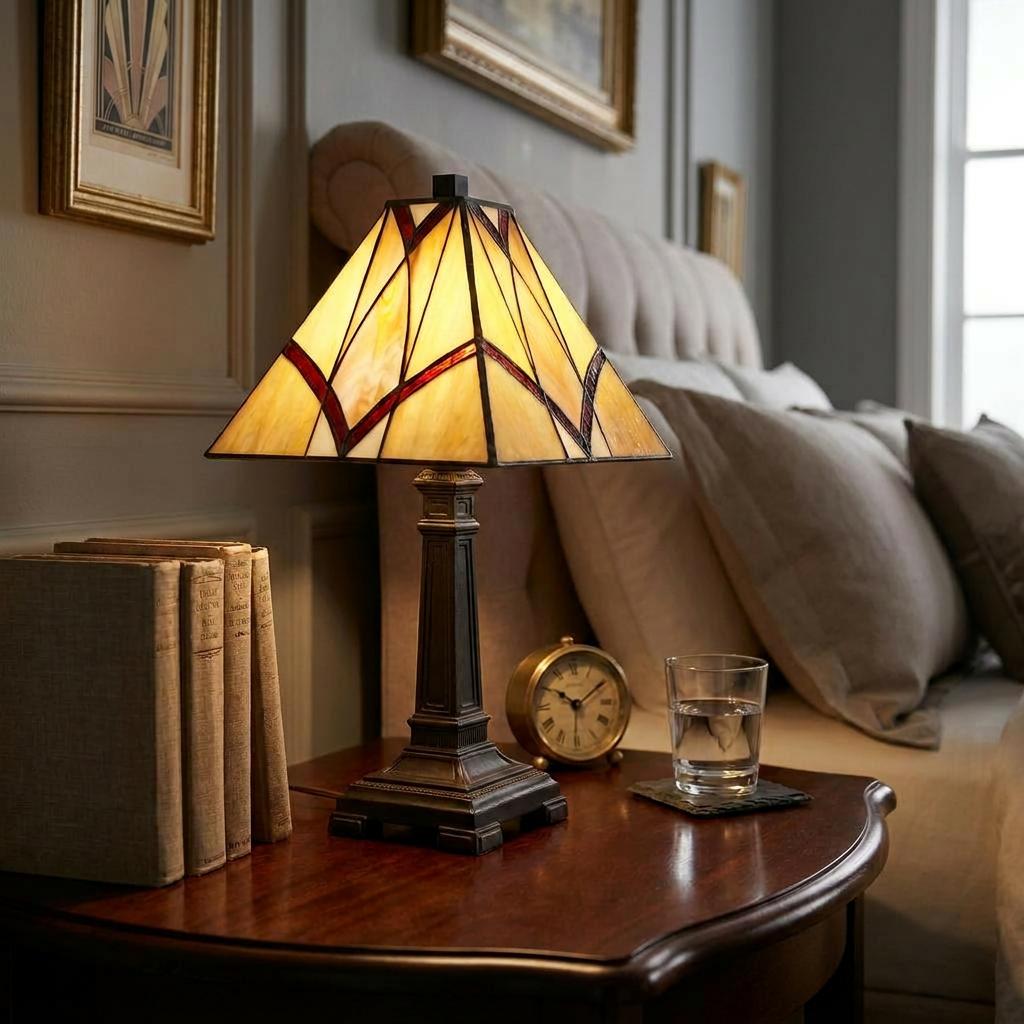 Geometric Tiffany-style table lamp with cream and red glass shade on a wooden bedside table in a cozy bedroom.