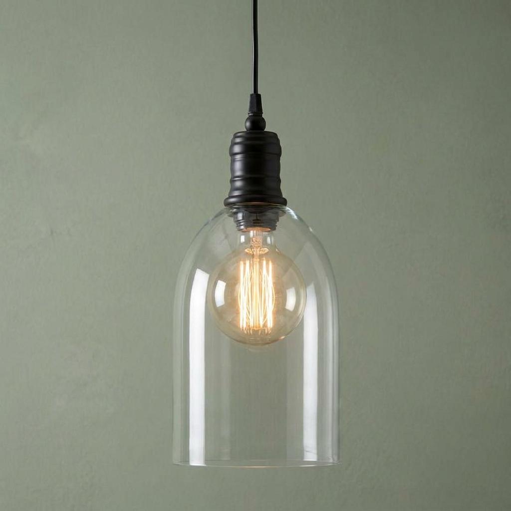 Oaks Randers pendant light featuring a clear glass dome shade and glowing filament bulb on a green wall.