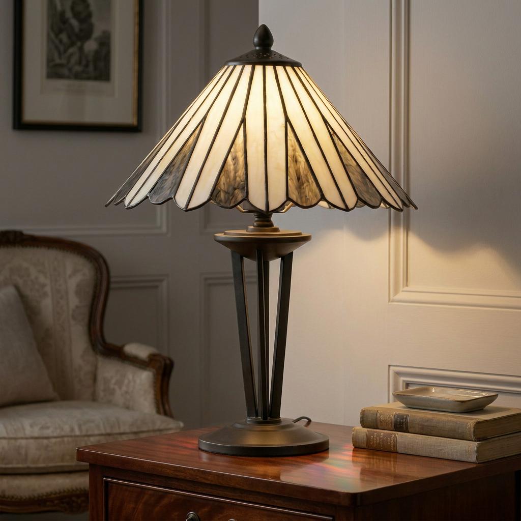 Oaks Regan Large Tiffany Table Lamp with a pleated cream glass shade on a dark bronze architectural base.
