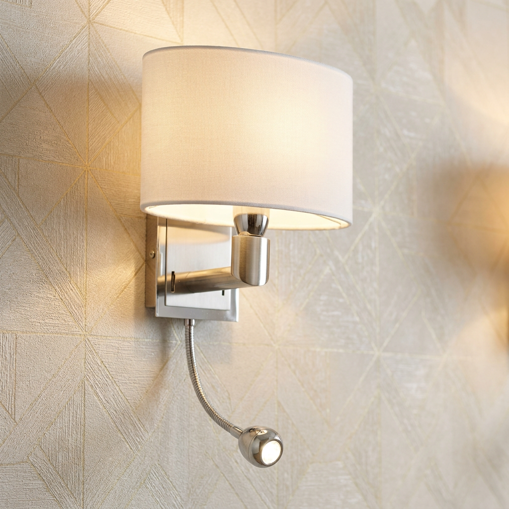 Antique chrome wall light with white fabric shade and flexible LED reading arm on geometric patterned wallpaper.
