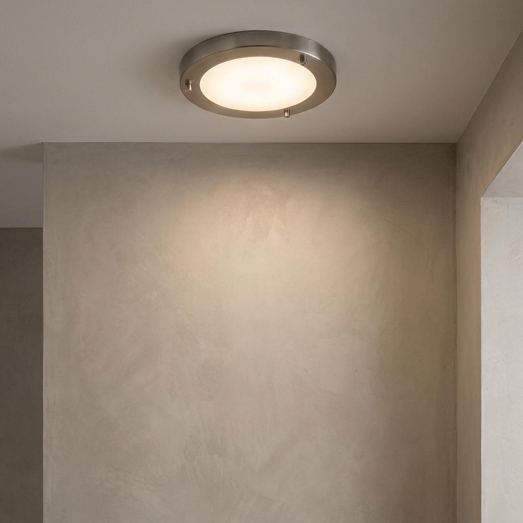 Oaks Rondo small flush antique chrome bathroom ceiling light with frosted glass illuminated on a ceiling.