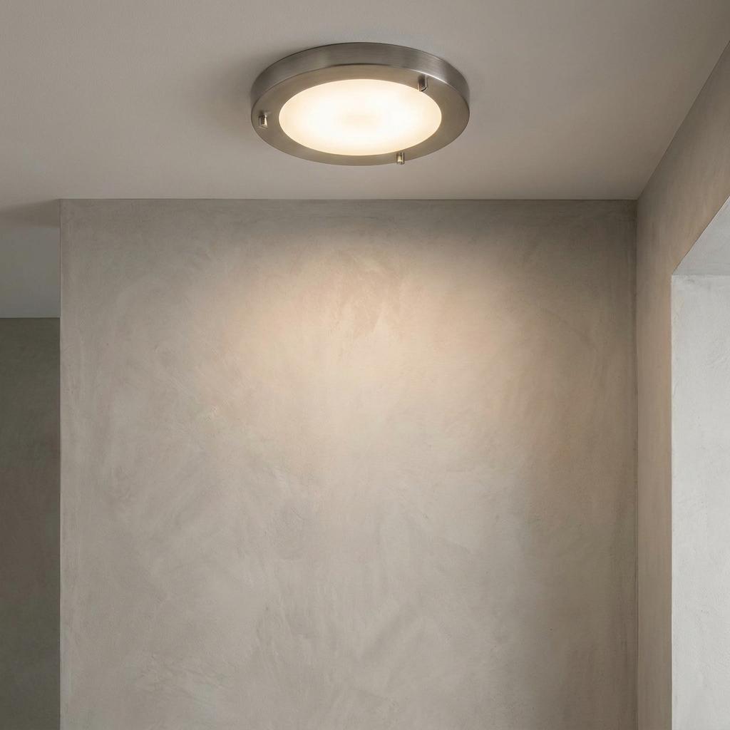 Round, small flush antique chrome bathroom ceiling light with a frosted glass diffuser on a textured grey wall.