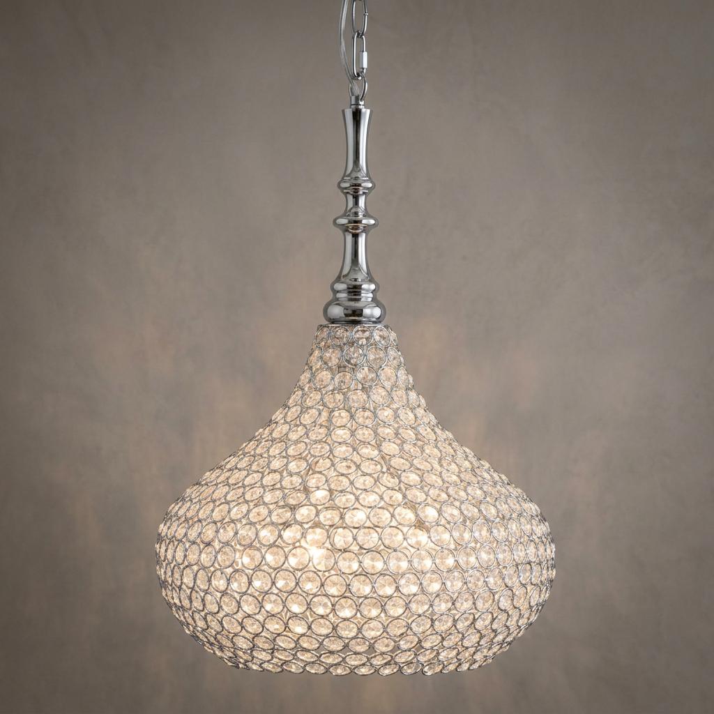 Teardrop-shaped pendant light featuring intricate beaded crystal mesh and a polished chrome stem and chain.