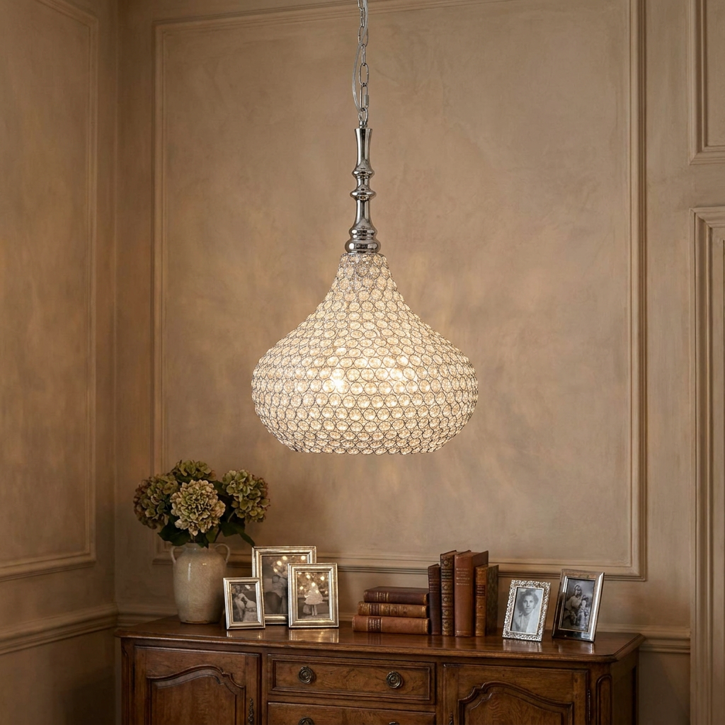Oaks Santi chrome pendant light with a beaded crystal teardrop shade hanging over a sideboard in a warm room.