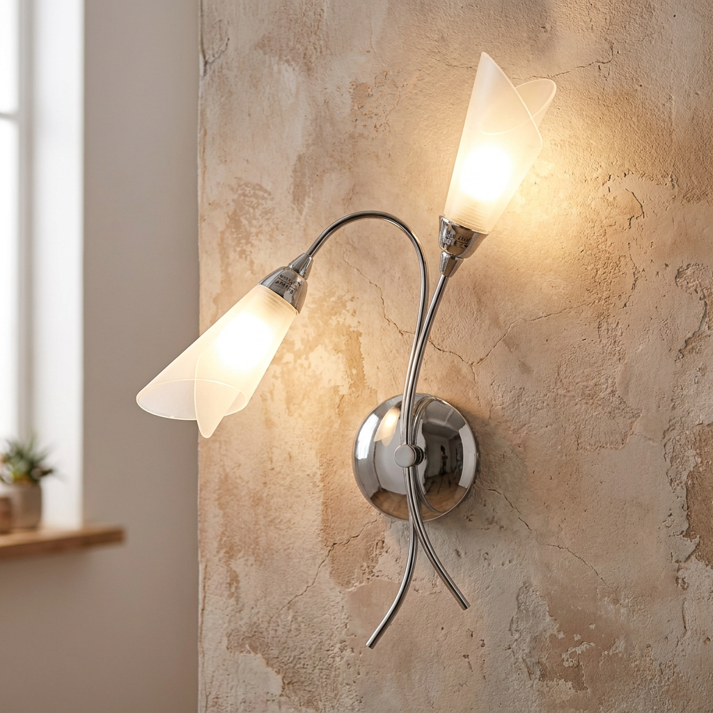 Oaks Sare Twin Arm chrome wall light with elegant curved stems and frosted lily-shaped glass shades.