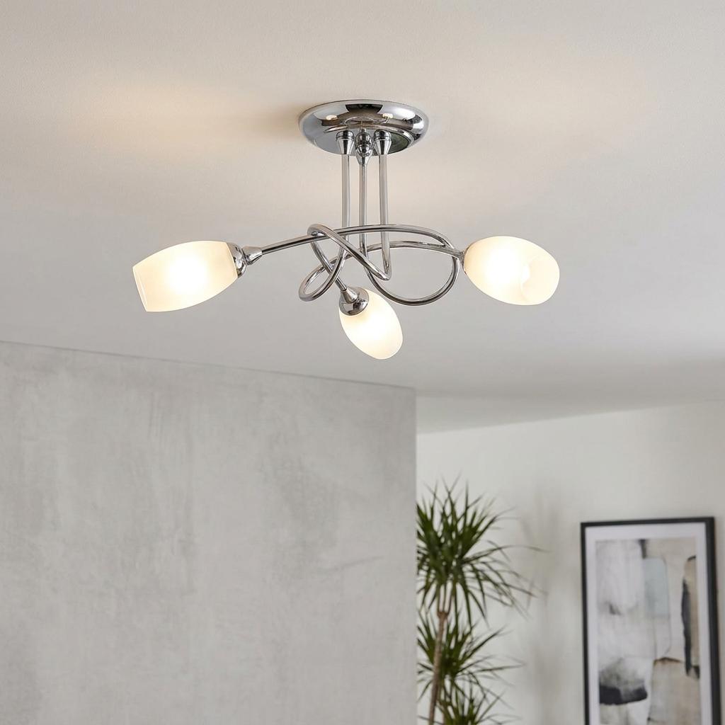 Oaks Tara 3-light semi-flush chrome ceiling fixture with frosted oval glass shades and intertwined arms.