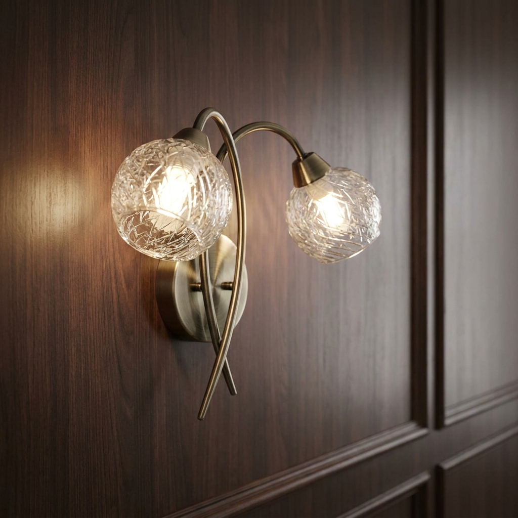Twin-arm antique brass wall lamp with textured glass shades glowing against a dark wood-paneled wall.
