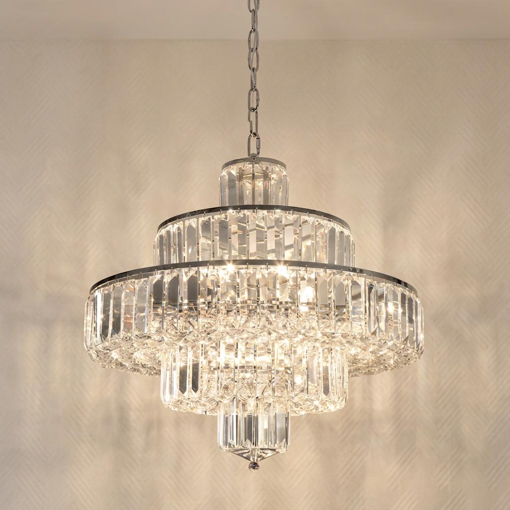 Oaks Telfs 16 light chrome and crystal tiered ceiling pendant chandelier illuminated against a neutral wall.