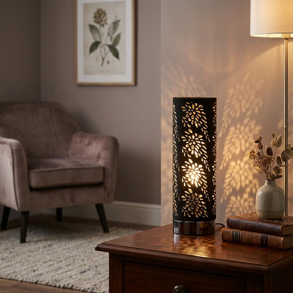 Black cylindrical table lamp with floral cutouts casting patterns on a wall in a living room.