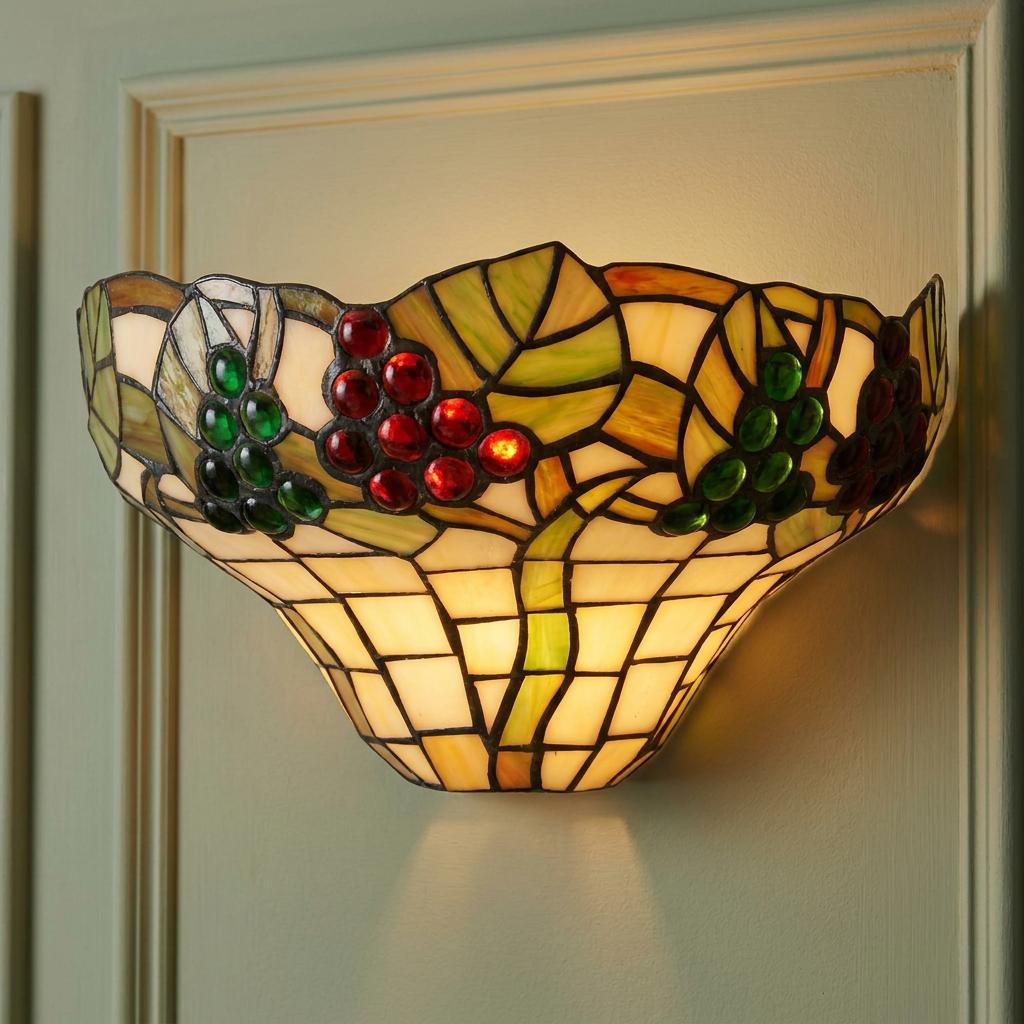 Lit Tiffany-style wall light featuring stained glass grapes and leaves in red, green, and cream tones.