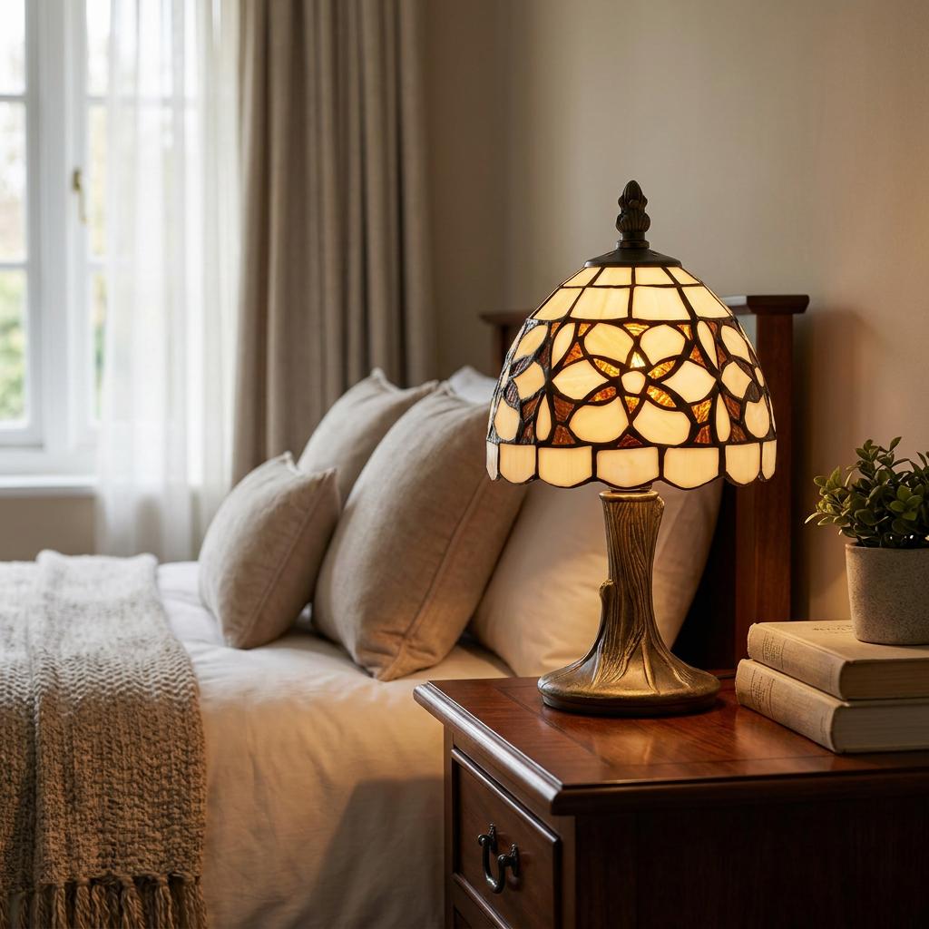 Amber flower Tiffany lamp with a scalloped glass shade and bronze base, lighting a bedroom nightstand.