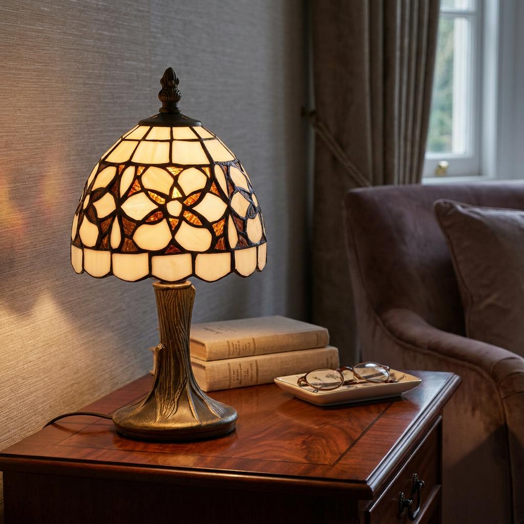 Tiffany-style lamp with an amber floral shade on a wooden table next to a plush armchair.