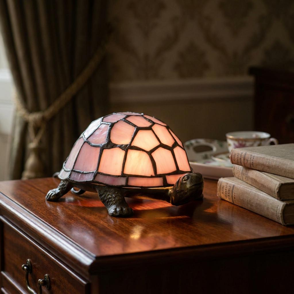 Pink Tiffany glass tortoise table lamp glowing on a dark wooden side table beside vintage books.