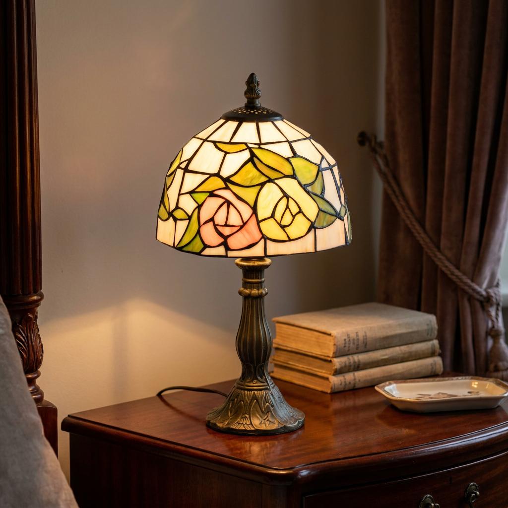 Tiffany bedside lamp with pink and yellow floral stained glass shade on a dark wood nightstand.