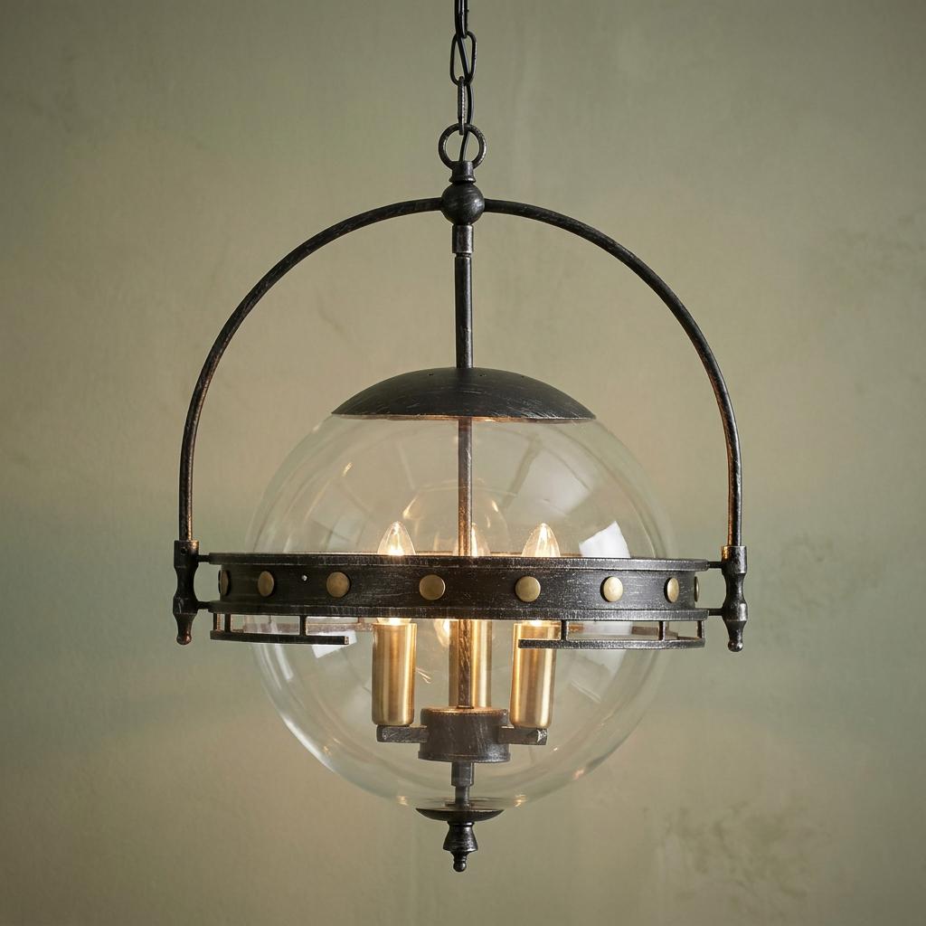 Oaks Tromso 3-light ceiling lantern featuring a clear glass globe and a dark metal arch frame with gold-studded accents.