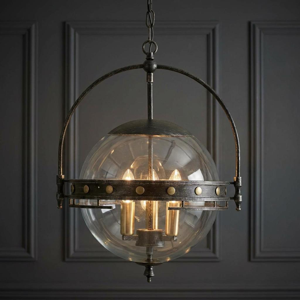 A three-light glass globe lantern with a dark industrial metal frame hanging against a grey paneled wall.