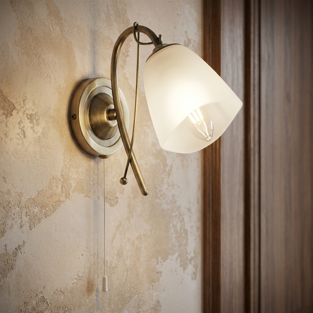 Antique brass wall light with a frosted glass shade and pull cord mounted on a textured wall.