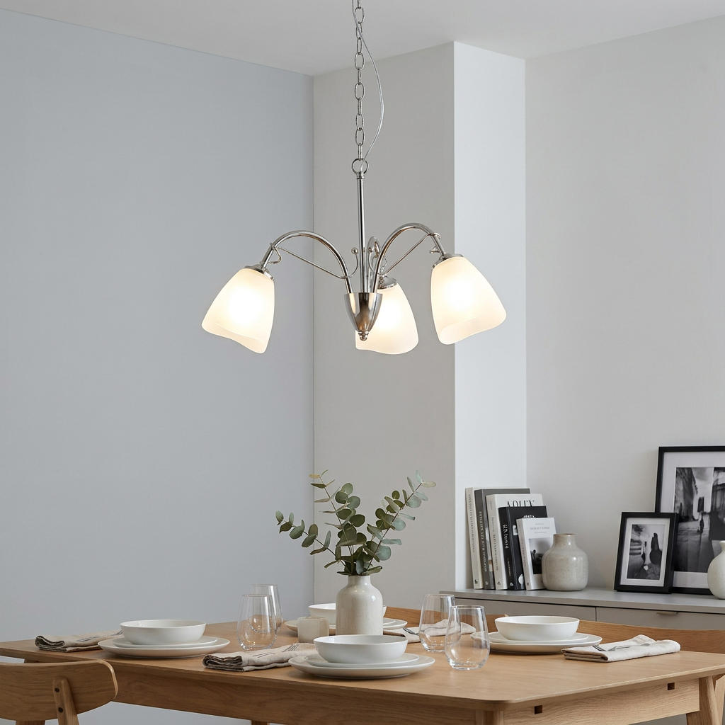 Chrome three-light chandelier with opal glass shades hanging over a modern set dining table.