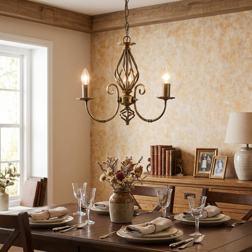 Antique brass 3-light chandelier with a twisted cage design hanging over a rustic dining table.