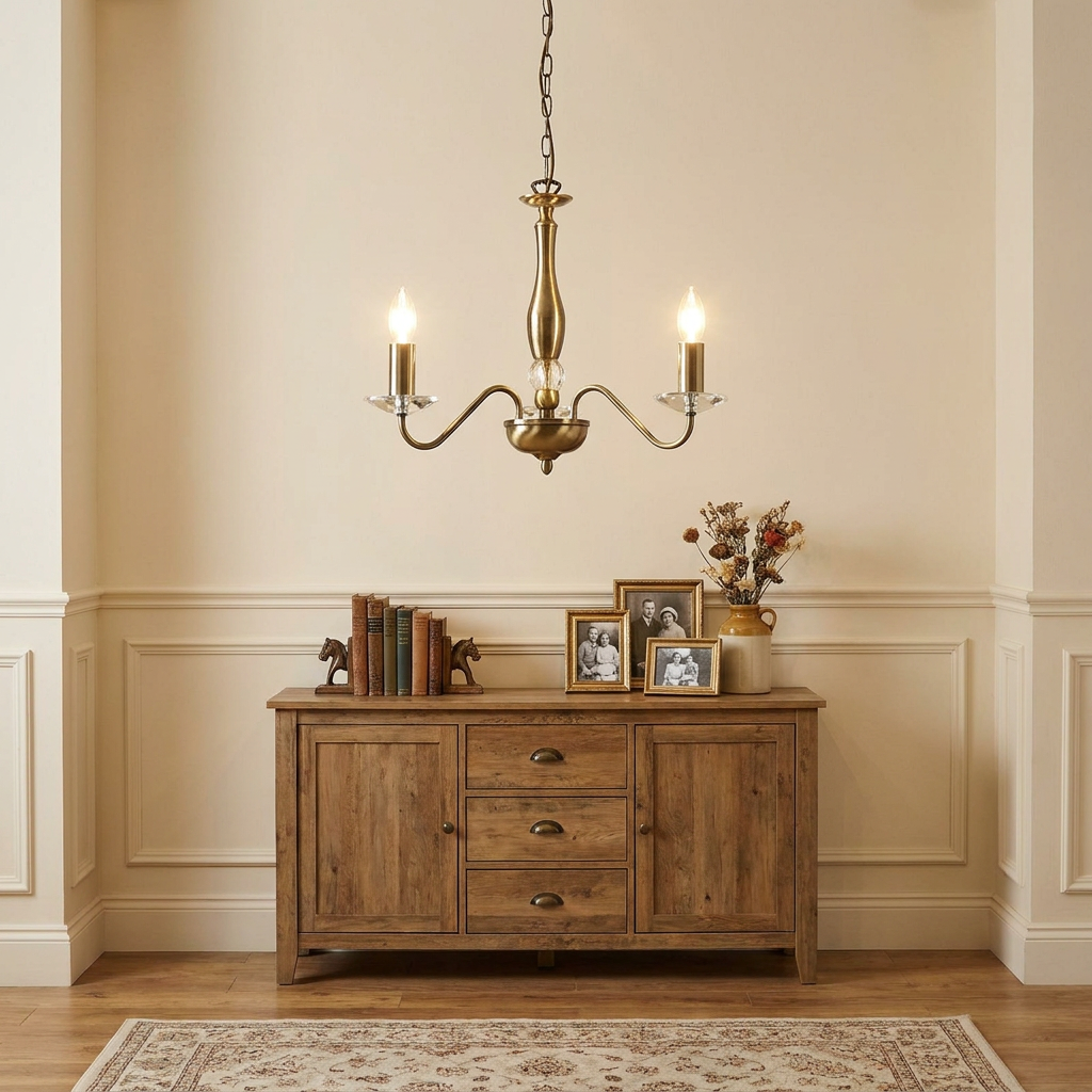 Antique brass 3-light chandelier with candle bulbs hanging above a wooden sideboard in a paneled room.