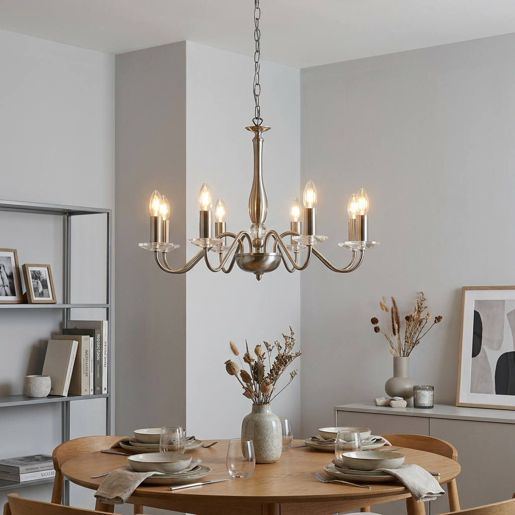 Oaks Vesta 8-light antique silver chandelier hanging over a wooden dining table in a contemporary dining room.