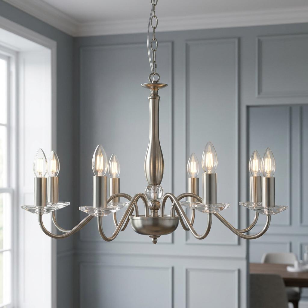 Eight-light antique silver chandelier with candle bulbs and crystal accents in a modern grey room.