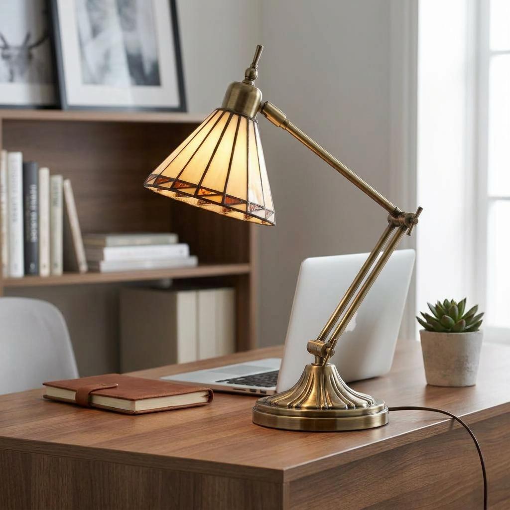 Antique brass Tiffany desk lamp with a cream glass shade illuminating a wooden office desk.