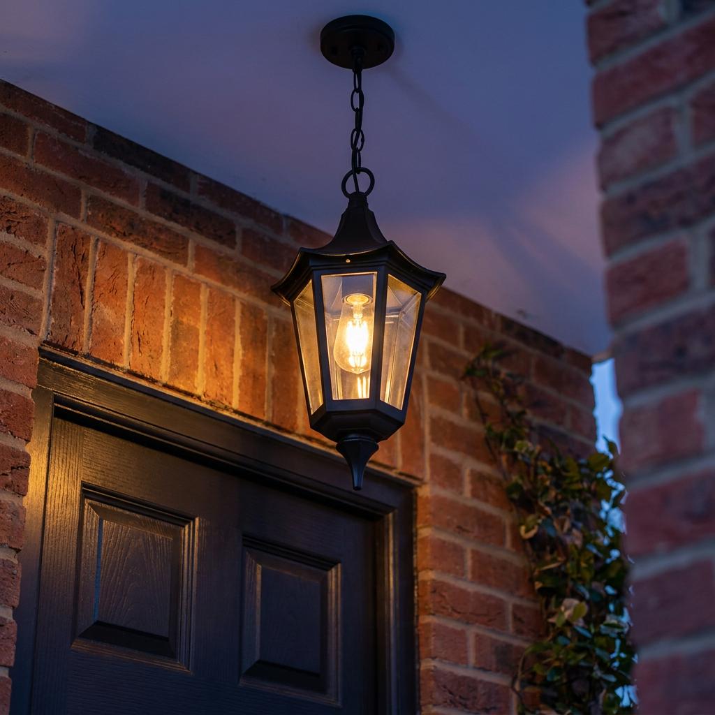 Illuminated black lantern pendant light hanging from a porch ceiling above a dark door and brick wall.