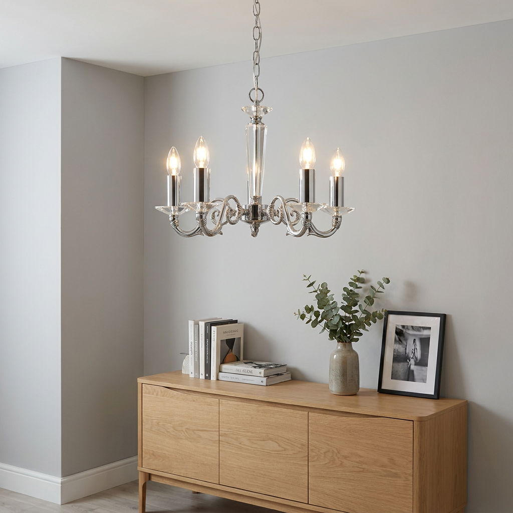 Five-light chrome chandelier with glass accents hanging above a wooden sideboard in a minimalist interior.