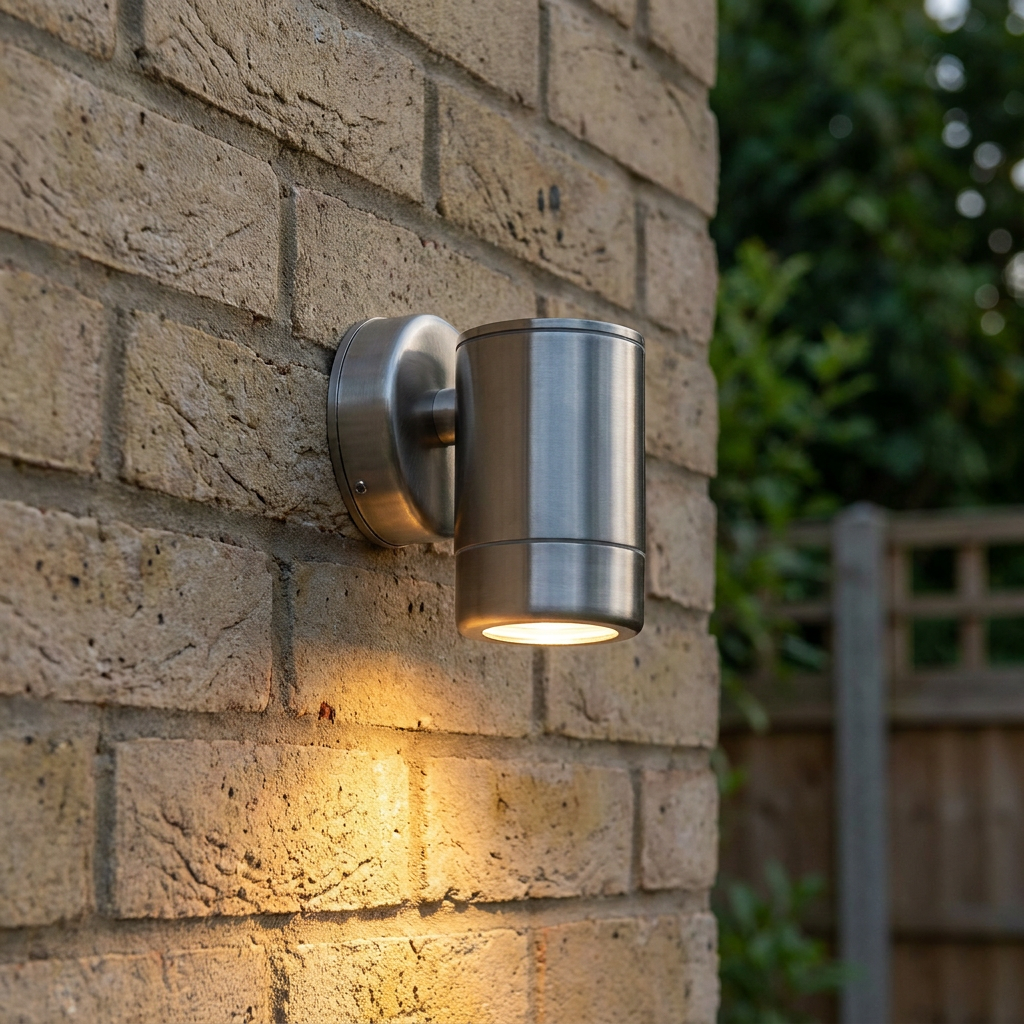 Brushed steel cylindrical downlight mounted on a brick wall, casting a warm glow downwards.