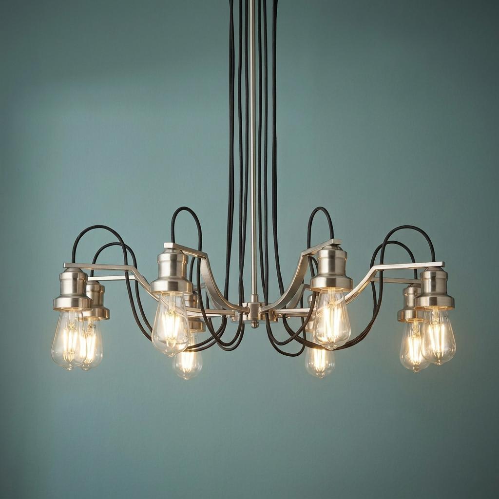 An eight-light silver ceiling pendant with black braided cables and glowing Edison bulbs against a teal background.