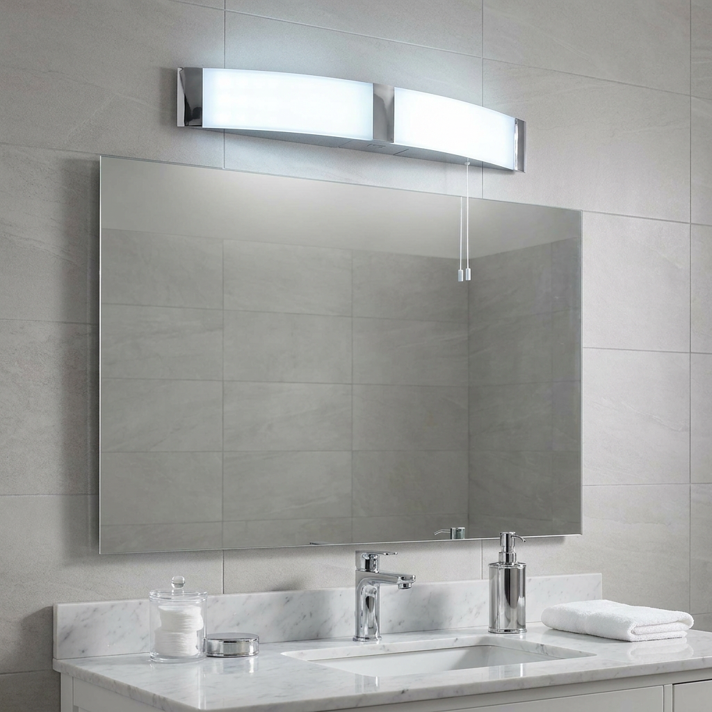 Modern curved chrome shaver light with a pull cord mounted above a bathroom mirror on grey tiled walls.