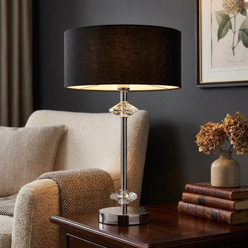 Modern table lamp with a black drum shade and chrome base with crystal accents on a wooden side table.
